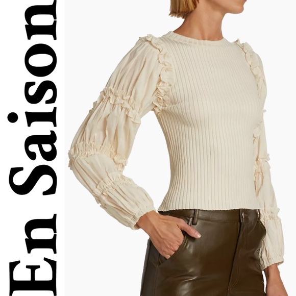 En Saison Lucille Mixed Media Ruffle Poplin Sleeve Blouse - Picture 3 of 16